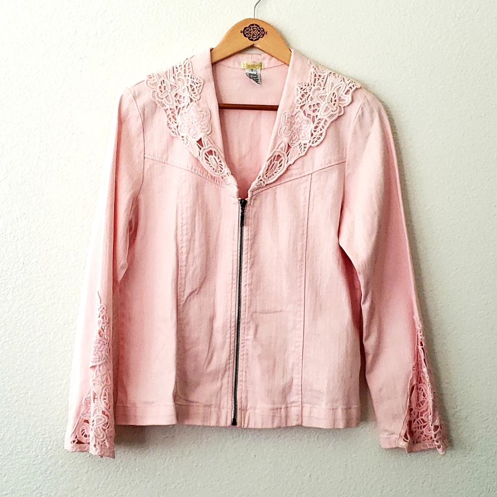 Bestow Boutique Pink Denim Crochet Lace Jacket S